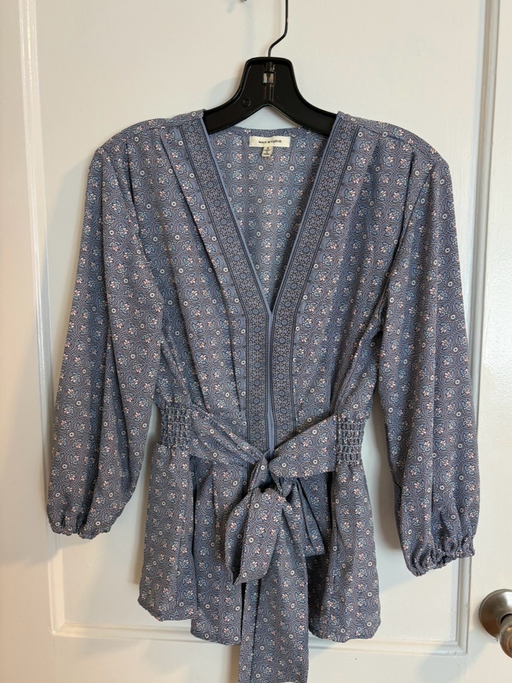 Maxx Studio Blue Printed Tie-Waist Blouse
